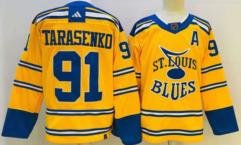 Mens St. Louis Blues #91 Vladimir Tarasenko Yellow 2022-23 Reverse Retro Stitched Jersey->st.louis blues->NHL Jersey